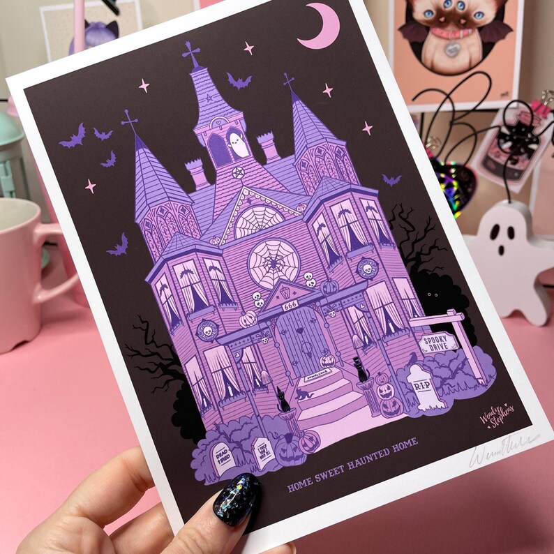 Pink Haunted House Print, Gothic Home Decor and Spooky House Illustration, Halloween Wall Art image 12