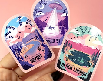 Juego de pegatinas de pósteres de viajes de críptidos, juego de pegatinas espeluznantes y de brujas, pegatinas góticas rosas, pegatinas espeluznantes,
