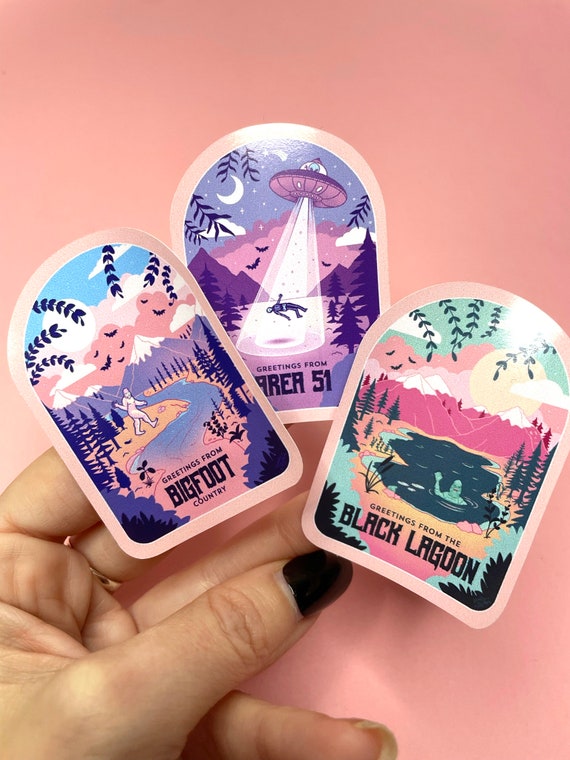 Cryptid Travel Poster Sticker Set, Spooky & Witchy sticker set, pink gothic stickers, spooky stickers,