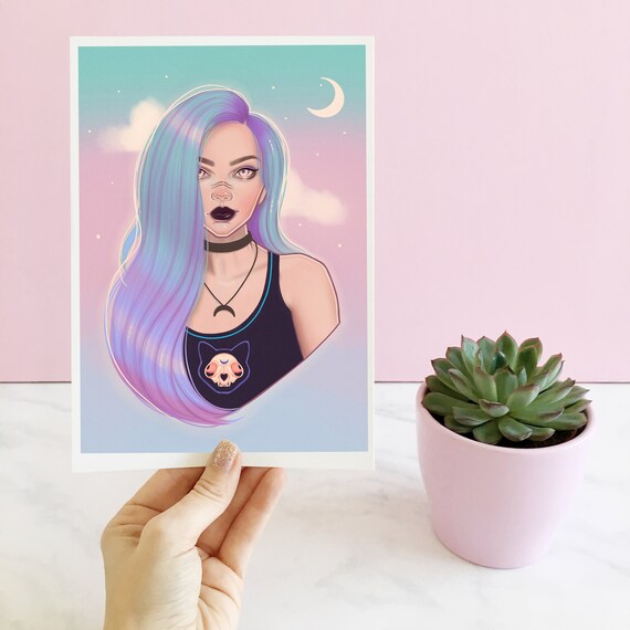 Cute Mermaid Hair Goth Girl Art Print Pastel Goth Aesthetic Gothic Lolita