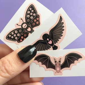 Cute Halloween Stickers, crow bat moth, pastel goth aesthetic stickers