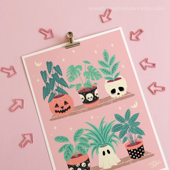 Spooky Planter Art Prints, house plant, gothic home decor, pastel goth wall art