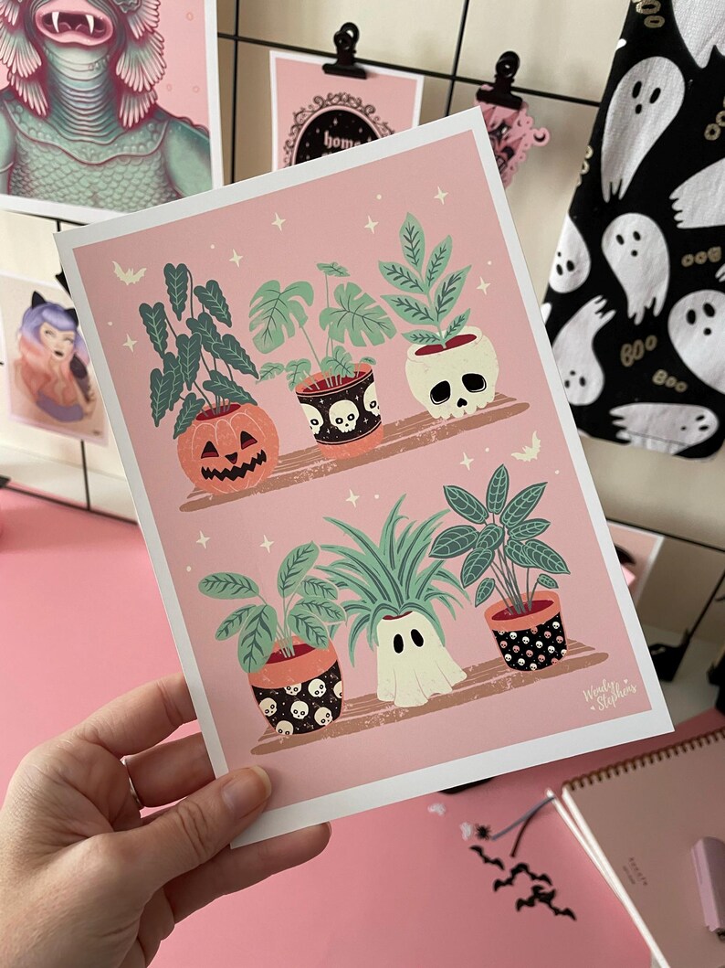 Spooky Planter Art Prints, house plant, gothic home decor, pastel goth wall art image 3
