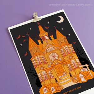 May include: A spooky orange and yellow haunted house with a crescent moon and bats flying in the night sky. The house has a sign that says "Spooky Drive" and a graveyard with pumpkins and tombstones. The text at the bottom says "Sweet Haunted Home".