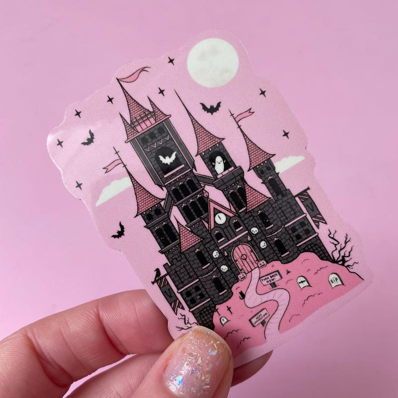 Pink Vampire Sticker, Dracula's Castle Vinyl Sticker, Spooky Goth Stickers for Water Bottles image 12