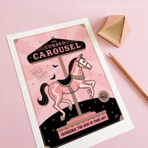 Cursed Carousel Horse Art Print, gothic home decor, spooky sideshow, freakshow, fairground, circus art print