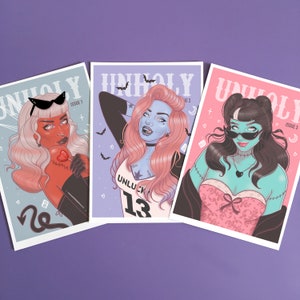 Set of 3 Monster Girl Art Prints, goth decor, macabre prints