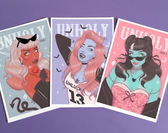 Set of 3 Monster Girl Art Prints, goth decor, macabre prints