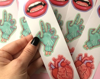 Pegatinas góticas, pegatinas de terror, Vive, ríe, ama, dientes de vampiro, mano de zombi, pegatina de corazón humano
