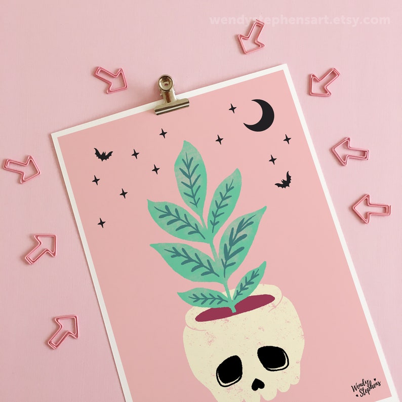 Spooky Planter Art Prints, house plant, gothic home decor, pastel goth wall art 5 - Skull Planter