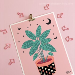 Spooky Planter Art Prints, house plant, gothic home decor, pastel goth wall art 6 - Rubber Plant