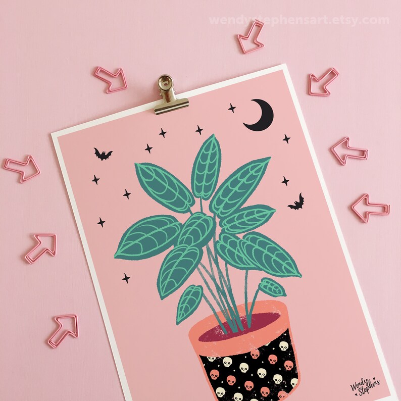 Spooky Planter Art Prints, house plant, gothic home decor, pastel goth wall art 6 - Rubber Plant