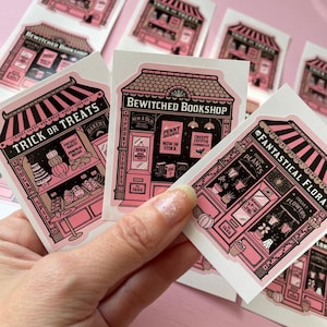 Spooky Shops Sticker Set, Spooky & Witchy Sticker Set, pinke Gothic Sticker, Spooky Sticker, Bäckerei, Buchladen, Plant Shop