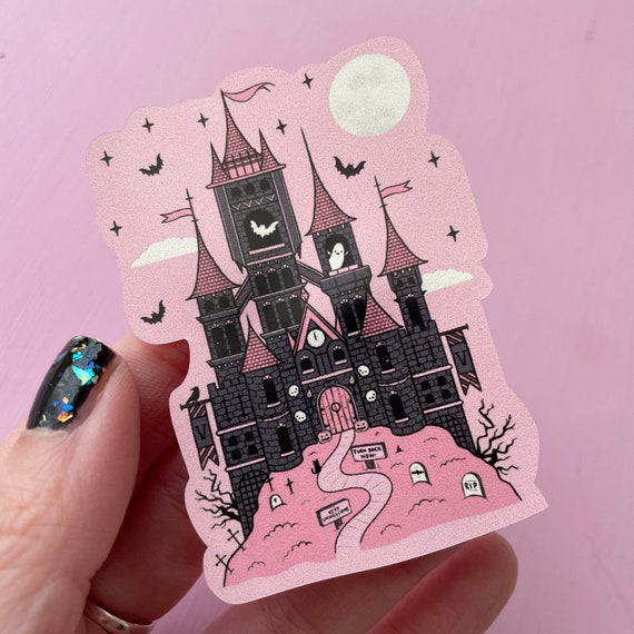 Pink Vampire Sticker, Dracula's Castle Vinyl Sticker, Spooky Goth Stickers for Water Bottles