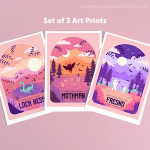 Lot de 3 affiches de voyage Cryptid, Loch Ness, homme aux papillons, Fresno Nightcrawler