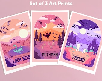 Set of 3 Cryptid Travel Poster Art Prints, Loch Ness, Mothman, Fresno Nightcrawler