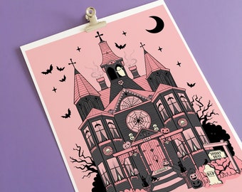 Pink Haunted House Print, Gothic Home Decor and Spooky House Illustration, Halloween Wall Art
