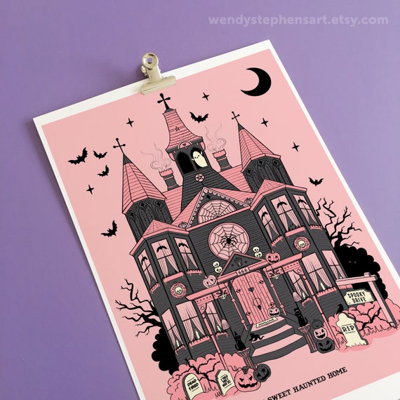 Pink Haunted House Print, Gothic Home Decor and Spooky House Illustration, Halloween Wall Art
