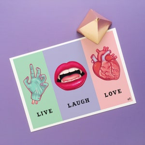 Pastel Goth Decor, Gothic Live Laugh Love Art Print, Spooky Horror Home Decor