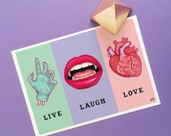 Pastel Goth Decor, Gothic Live Laugh Love Art Print, Spooky Horror Home Decor