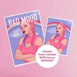 Puede incluir: Una ilustraci&oacute;n digital de una mujer con cabello rosa y azul que lleva una blusa rosa con un corte en forma de coraz&oacute;n. El fondo es un cielo azul con un arco&iacute;ris y lluvia. El texto "BAD MOOD" est&aacute; en la parte superior de la imagen y "no rainbow without RAIN" est&aacute; debajo de la mujer.
