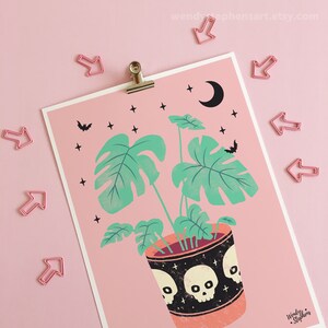 Spooky Planter Art Prints, house plant, gothic home decor, pastel goth wall art 2 - Monstera Plant