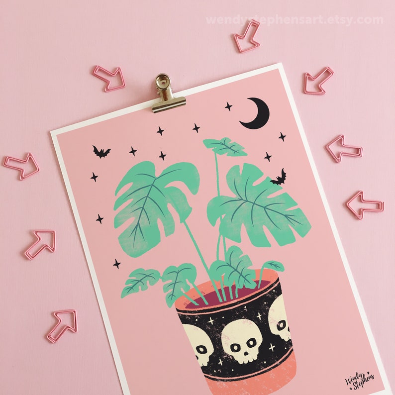 Spooky Planter Art Prints, house plant, gothic home decor, pastel goth wall art 2 - Monstera Plant