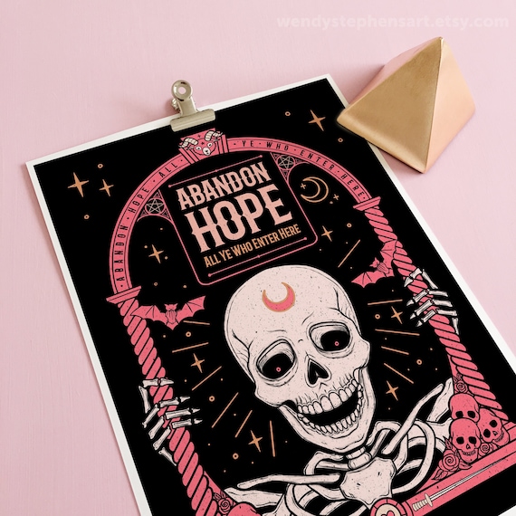 Horror Decor, Skeleton Abandon Hope Art Print, Gothic Macabre