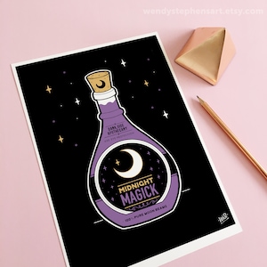 May include: Purple potion bottle with a crescent moon and stars on a black background. The label reads "Dark Side Apothecary, Use Eye Protection, Midnight Magick, 100% Pure Moon Beams".
