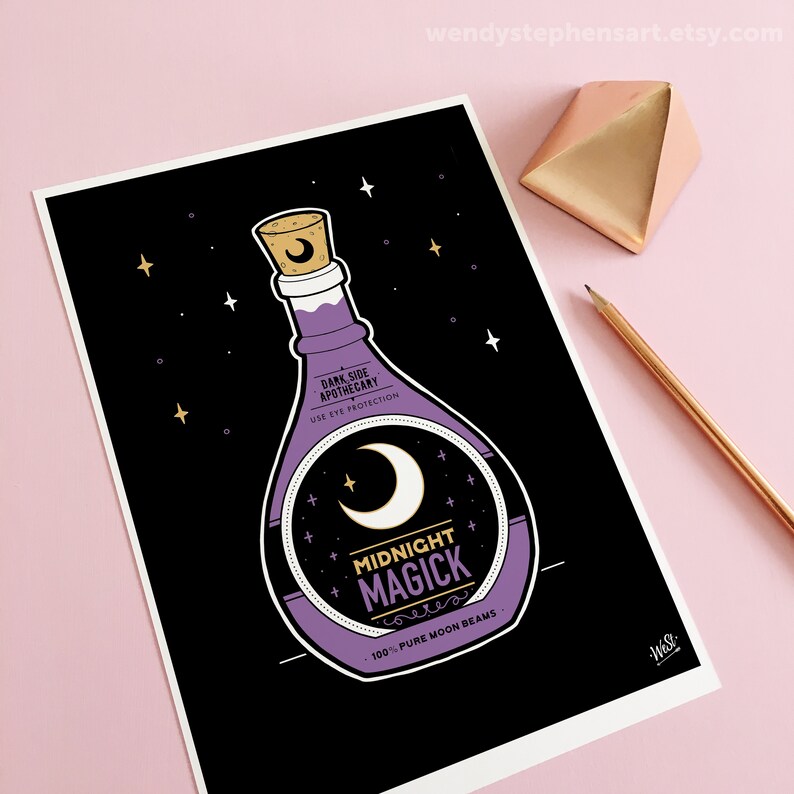 May include: Purple potion bottle with a crescent moon and stars on a black background. The label reads "Dark Side Apothecary, Use Eye Protection, Midnight Magick, 100% Pure Moon Beams".