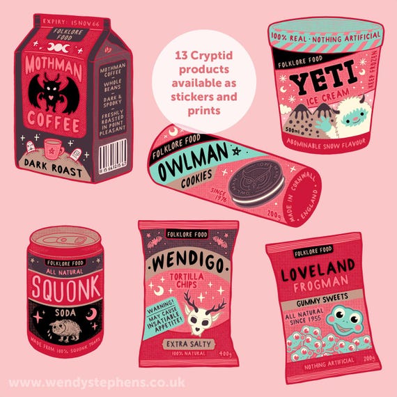 Cryptid Stickers, Mothman, Wendigo, Yeti, halloween stickers, gothic stickers, spooky stickers,