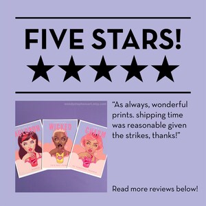 May include: Five stars review with a quote: "As always, wonderful prints. Shipping time was reasonable given the strikes, thanks!"  Three illustrations of women with pink, yellow, and blue drinks. The text on the illustrations reads: "Something Wicked", "Auloron", and "Charm".