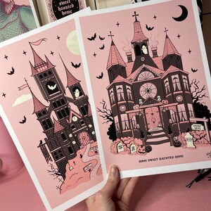 Pink Haunted House Print, Gothic Home Decor and Spooky House Illustration, Halloween Wall Art image 11