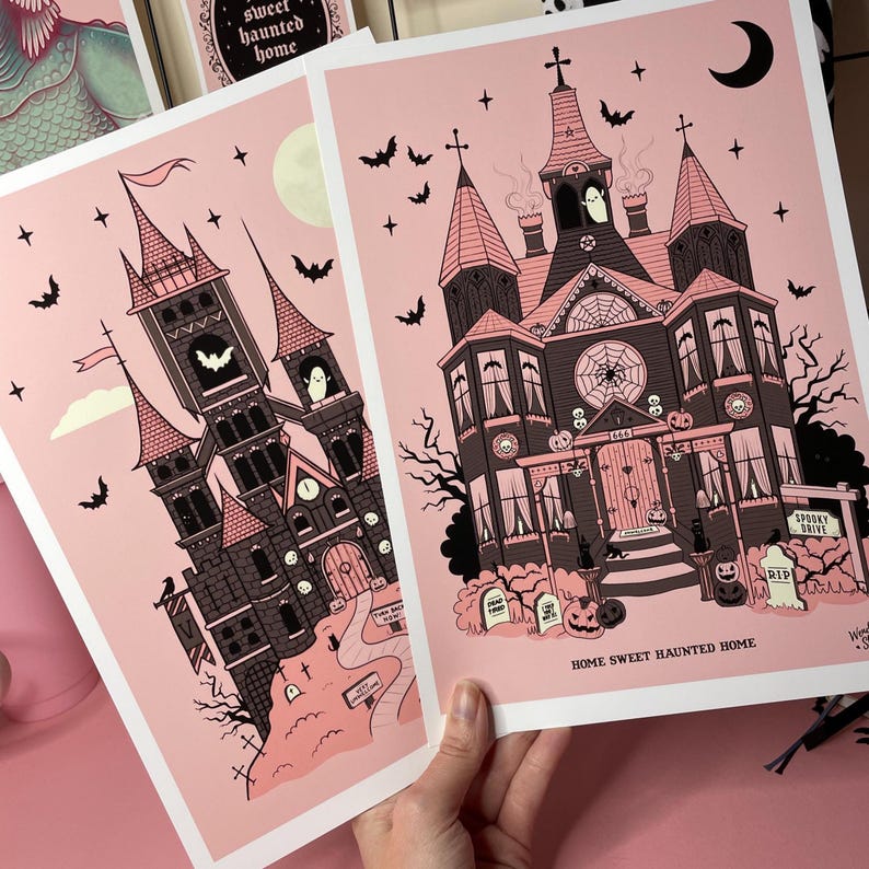 Pink Haunted House Print, Gothic Home Decor and Spooky House Illustration, Halloween Wall Art image 11