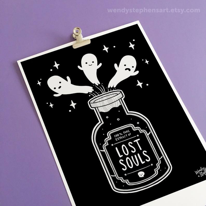 May include: Black and white illustration of a glass bottle with a label that reads "100% Pure Extract of Lost Souls". Three white ghosts are flying out of the bottle against a black background with white stars.
