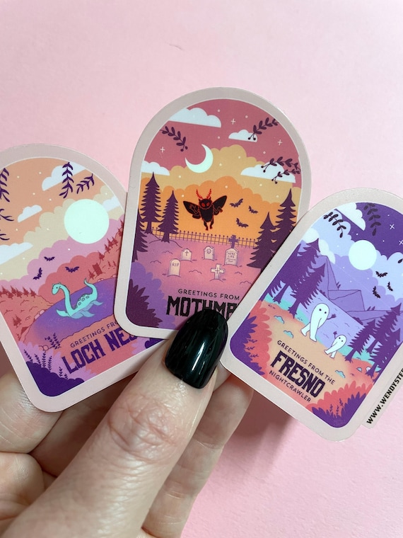 Cryptid Travel Poster Sticker Set, Mothman, Loch Ness, Fresno Nightcrawler, Spooky & Witchy sticker set, pink gothic stickers