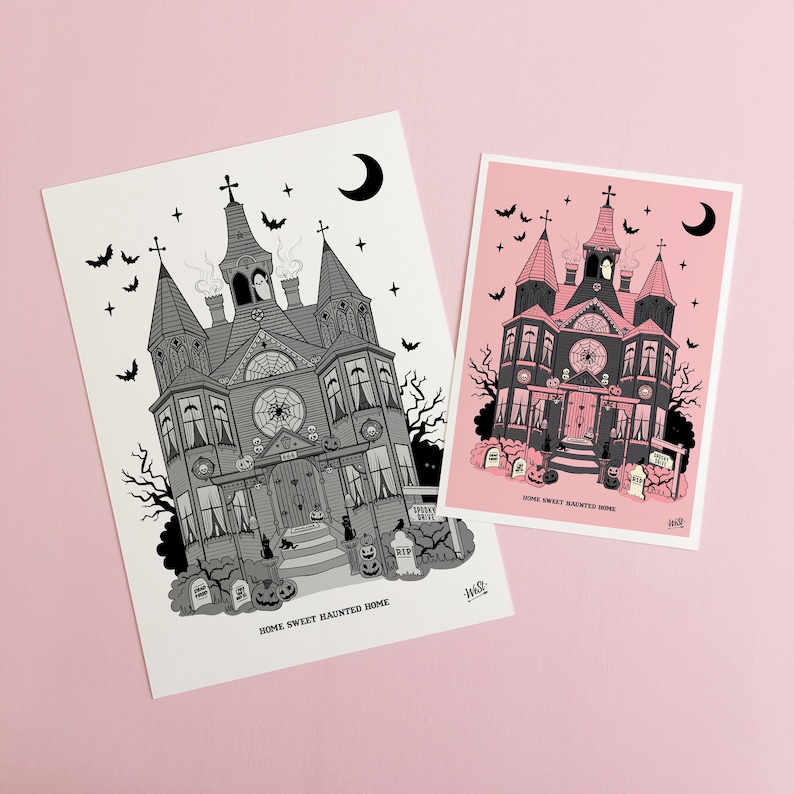 May include: Two black and white illustrations of a spooky haunted house with the text "Home Sweet Haunted Home". The house is decorated with bats, stars, and a spider web. The illustration on the right is on a pink background.