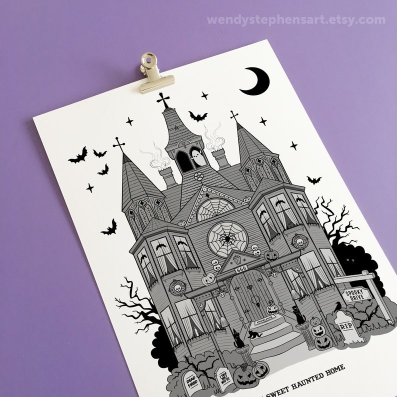 May include: A black and white illustration of a spooky haunted house with a crescent moon, bats, and a spider web. The house has a sign that says "Spooky Drive" and a tombstone that says "RIP". The text at the bottom of the image says "Sweet Haunted Home".