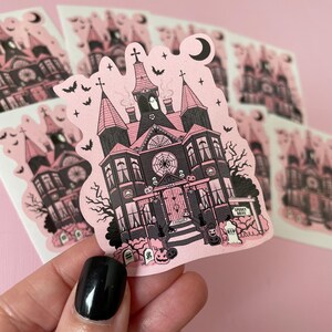Pink Haunted House Print, Gothic Home Decor and Spooky House Illustration, Halloween Wall Art image 7