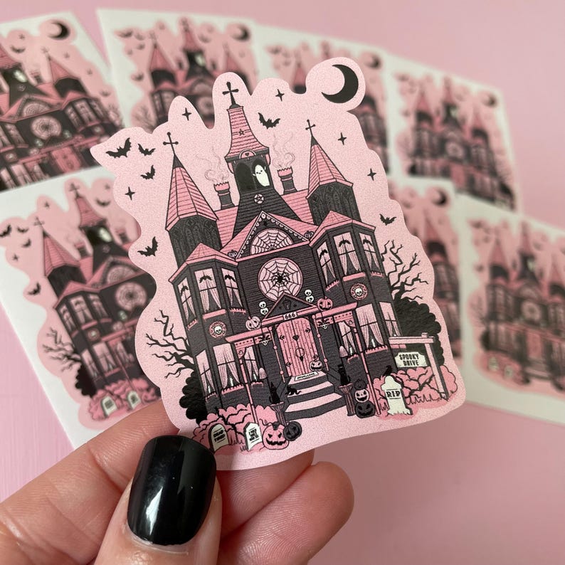 Pink Haunted House Print, Gothic Home Decor and Spooky House Illustration, Halloween Wall Art image 7