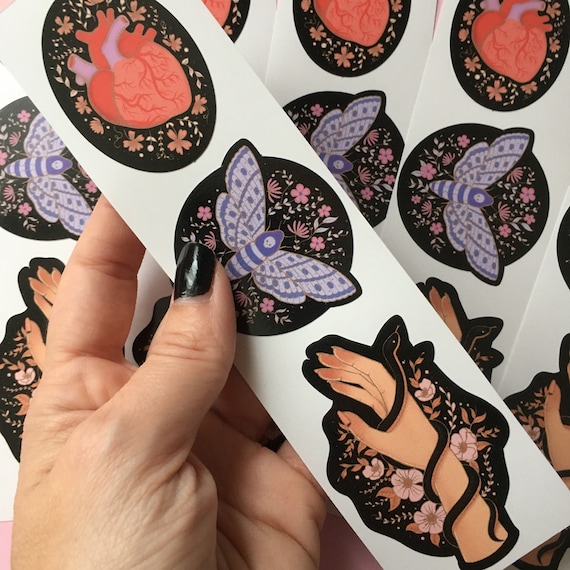 Gothic Horror Stickers, Spooky Death Head Moth, Heart & Snake