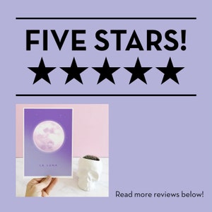 May include: Five stars rating with a purple background. A print with a pink moon and the text "La Luna" is held in a hand. A white skull planter with a small green plant is on a white surface.