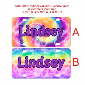 Girls Bike Name Plate, Tie Dye Mini License Plate, Bedroom Door Sign, Personalized Gift - TIE DYE
