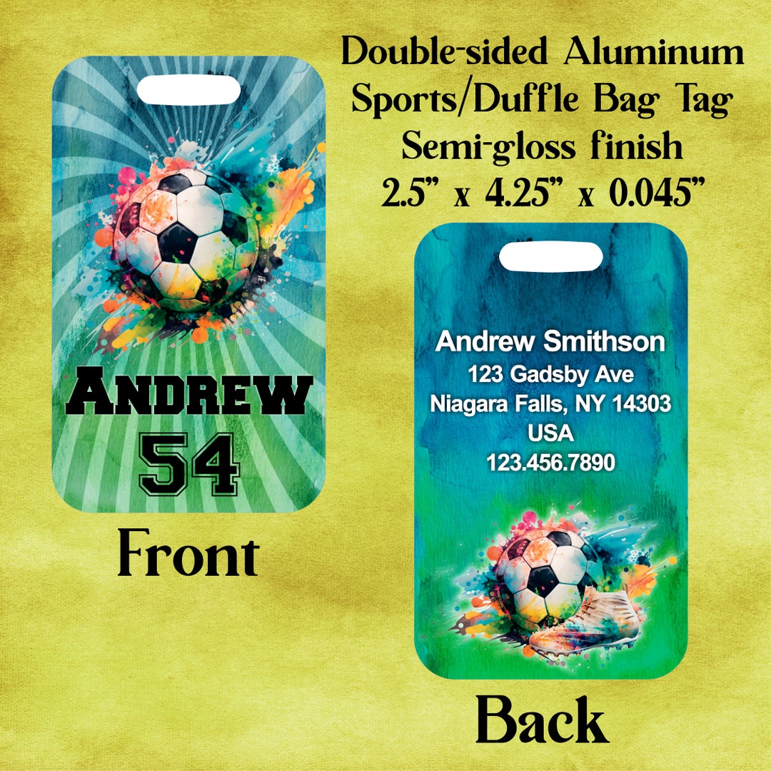 Soccer Sports Bag Tag, Travel Tag, Luggage Tag, Personalized Custom Aluminum ID Tag, Gift Idea