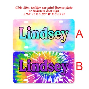 Girls Bike Name Plate, Tie Dye Mini License Plate, Bedroom Door Sign, Personalized Gift - TIE DYE3