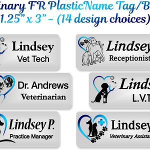 May include: Six rectangular plastic name badges measuring 3.18 cm by 7.62 cm, featuring veterinary-themed graphics like hearts, stethoscopes, and animal silhouettes. Each badge displays a name and job title, including Lindsey Vet Tech, Receptionist, Dr. Andrews Veterinarian, L.V.T., Lindsey P. Practice Manager, and Lindsey Veterinary Assistant.