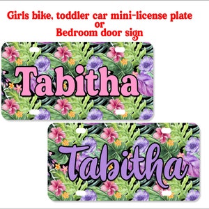 Girls Bike Name Plate, Mini License Plate, Bedroom Door Sign, Personalized Gift - TROPICAL3