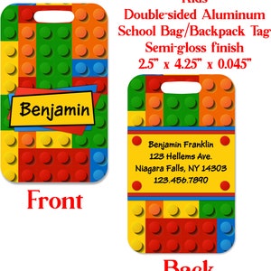 Personalized Kids School Bag ID Tag, Luggage Bag Tag, Aluminum ID Tag, Gift Idea BLOCK1 image 1