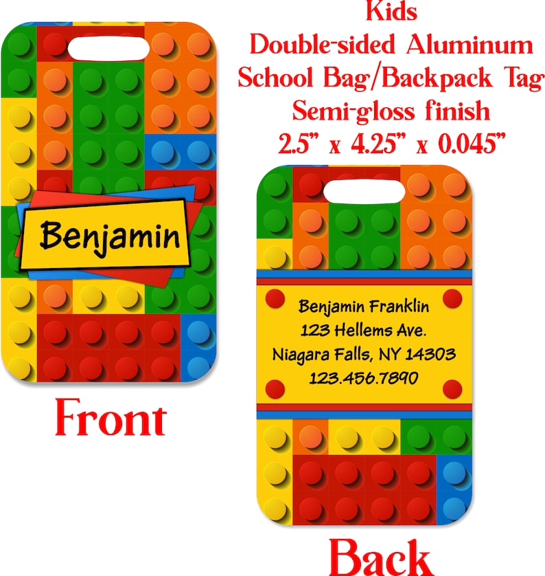 Personalized Kids School Bag ID Tag, Luggage Bag Tag, Aluminum ID Tag, Gift Idea BLOCK1 image 1