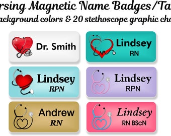 Healthcare Staff Name Badge, Name Tag, Personalized Custom ID Tag, Magnetic Fastener - STETHOHEART